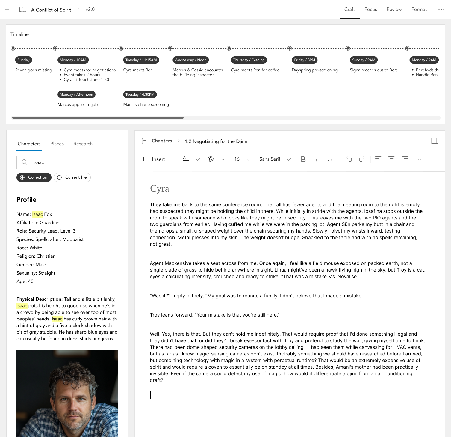 Customizable layout for writing with ability to search world building collections, rich text editing, versions, collaboration, and diagram embeds